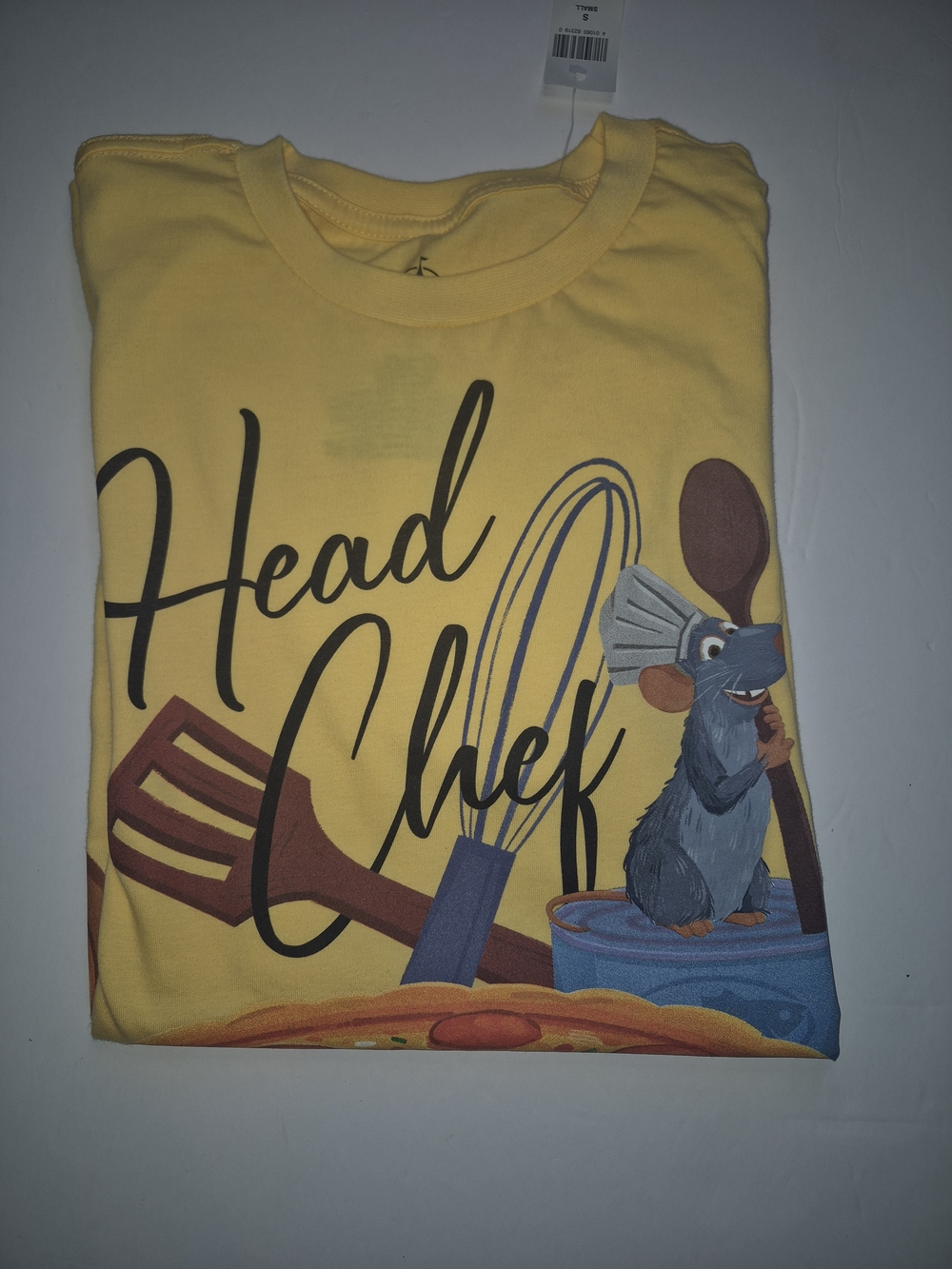 Adult Unisex Size Small Disney Yellow 'Head Chef' Graphic Tee with Rat Cook